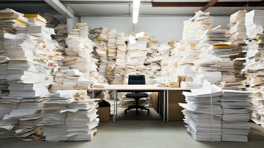 A very messy office with piles of paper waiting for PaperMountains to sort, scan, shred