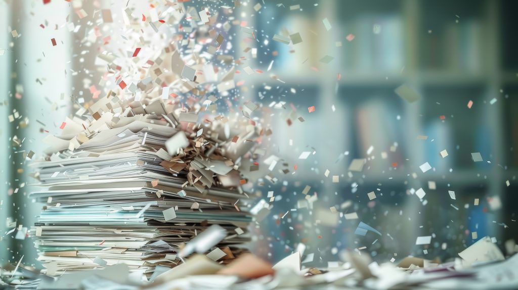 A stack of paper, exploding into shredded particles.